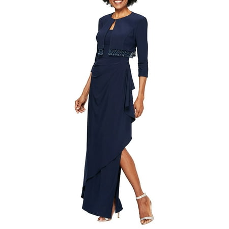 ALEX EVENINGS Womens Navy 3/4 Sleeve Open Cardigan Formal Top Size: 14