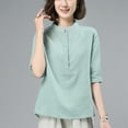thumbnail image 1 of Karight Short Sleeve Cotton Linen Tops for Women Chinese Mandarin Collar Button Down Shirts Vintage Embroidered Tee Blouse, 1 of 5