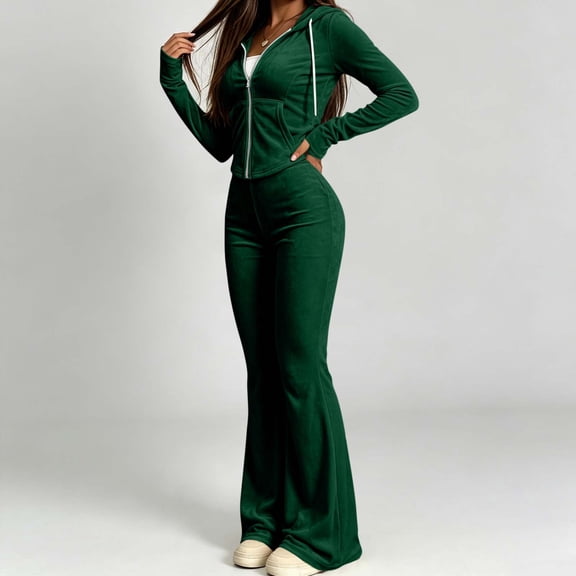 Mifsaly Womens 2 Piece Velour Tracksuit Full Zip Hooded Jacket and Flare Pants Fitted Matching Lounge Set Casual Y2K Outfit for Travel Workout Fall Winter Daily