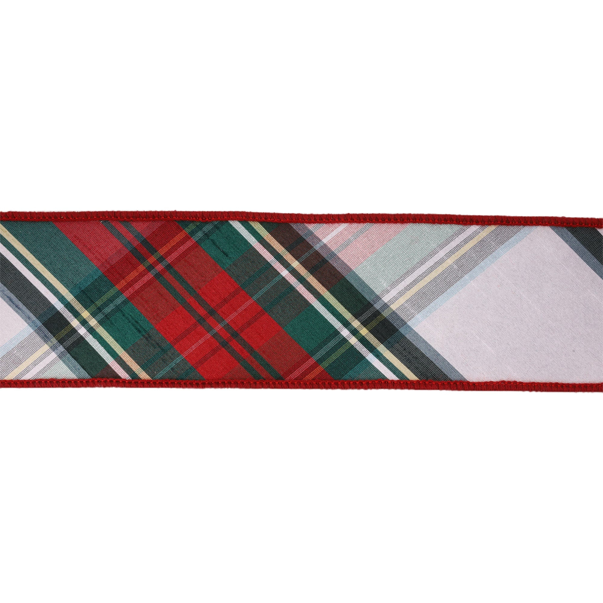 LaRibbons 2 1/2" Wired Dupioni Ribbon, Burgundy/Green/White Plaid Bias Cut, 5 Yard Roll