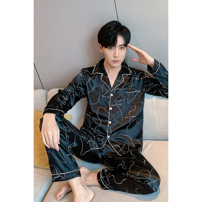 DanceeMangoo Silk Men Pyjamas Set OverSize 4XL 5XL Long Sleeve Casual Home Wear Spring Autumn Silk Boy Pajama Sets Leisure Sleepwear Set