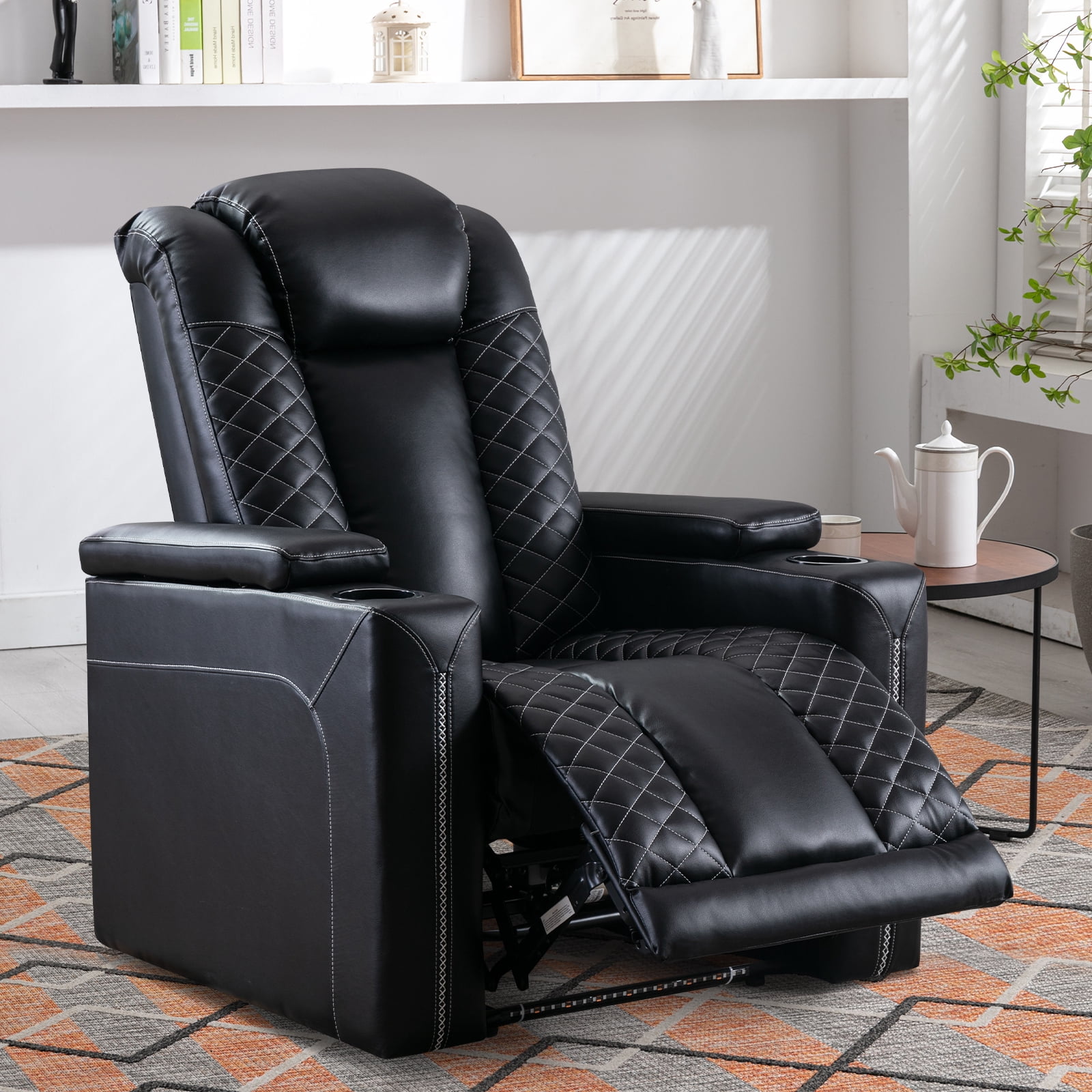 Ebello 35" Wide Adult Man Cave Breathable Leather Argyle Home Theater Individual Seat Recliner Chair with Armrest Storage and LED, Black