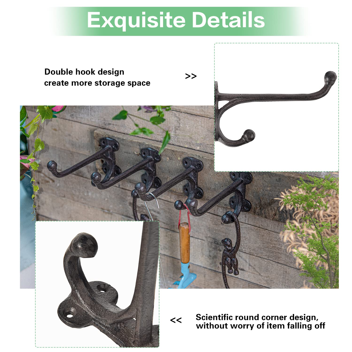 Sungmor 4PC Cast Iron Garage Hooks, 7.6“ Large Home Wall Hanging Clothing Organizer, Wall Mount Utility Garden Tools Storage Hanger for Multi Things, Solid Sturdy Wood Board Shelf Brackets
