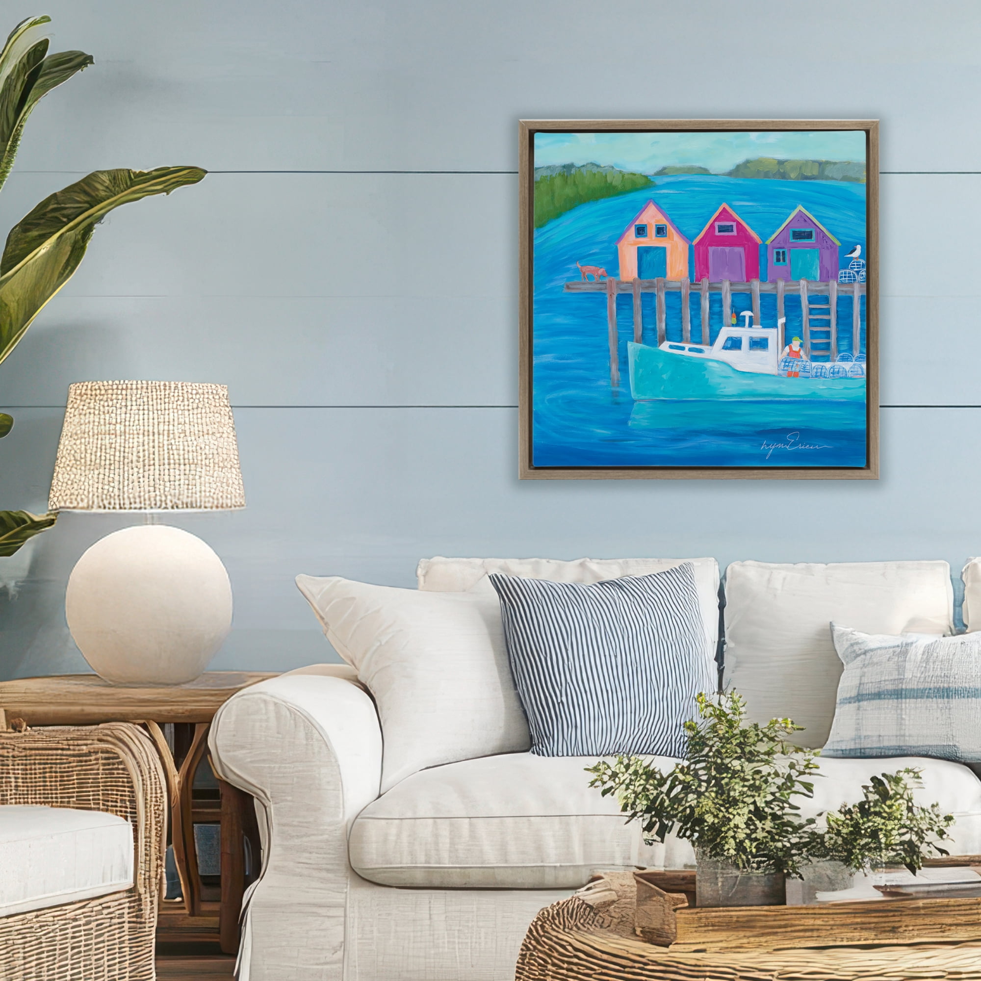Stupell Industries Work Day at Seaside Village Brown Framed Floater Canvas Wall Art, design by Lynn Ericson Fine Art