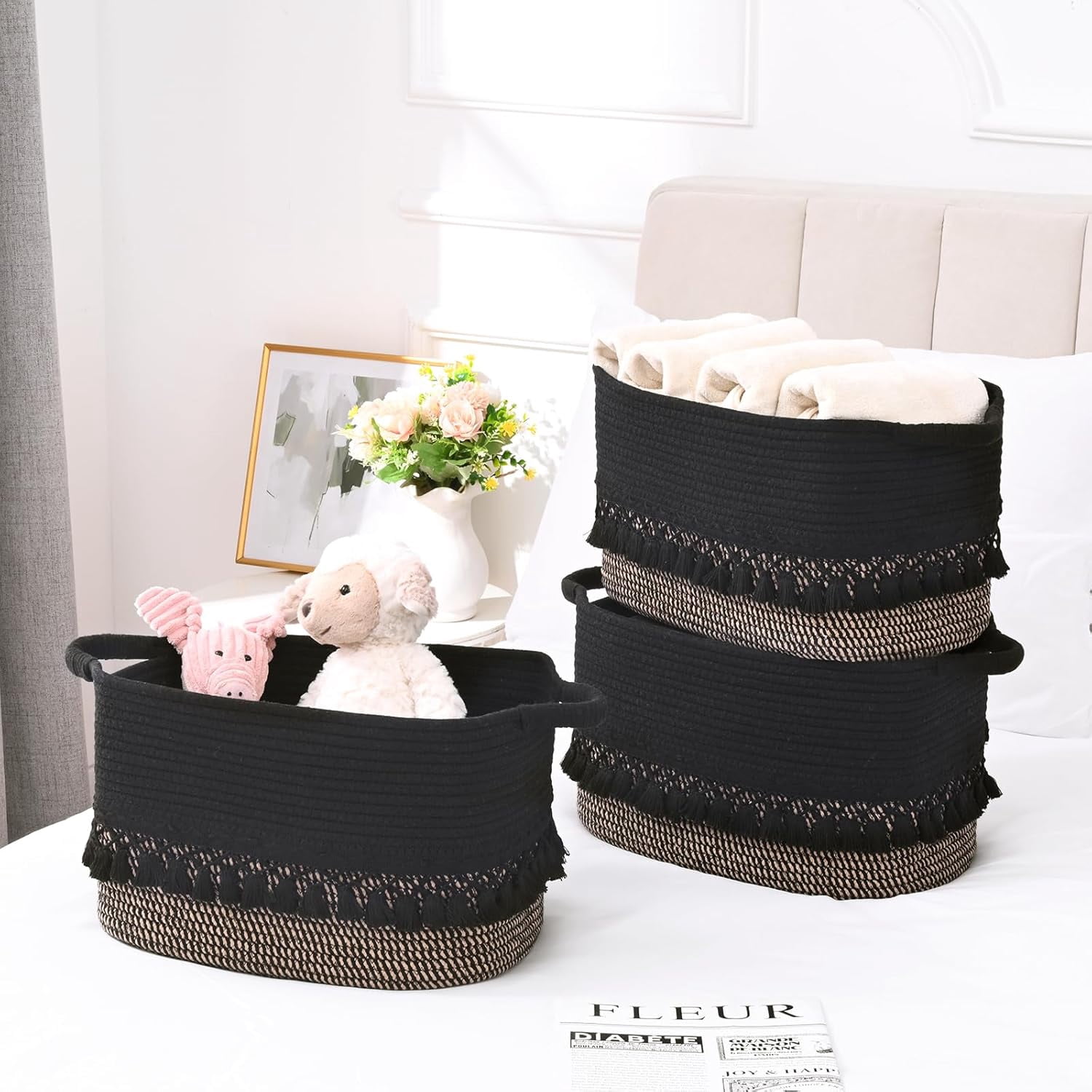 Natubeau 3 Pack Woven Storage Baskets, Black 22L Large Storage Basket for Organizing, Cotton Rope Storage Bins with Heavy Tassel, Cube Laundry Baskets