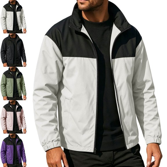 Zysthvn Winter Jacket Men Outdoor Athletic Lightweight Full Zip Coats for Men Stand Collar Long Sleeve Color Block with Pockets