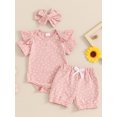 thumbnail image 2 of Nygoyerh Baby Girls Summer Cute Outfits Floral Print Short Sleeve Romper + Drawstring Shorts + Headband 3Pcs Newborn Infant Casual Shorts Sets 3M 6M 12M 18M, 2 of 9
