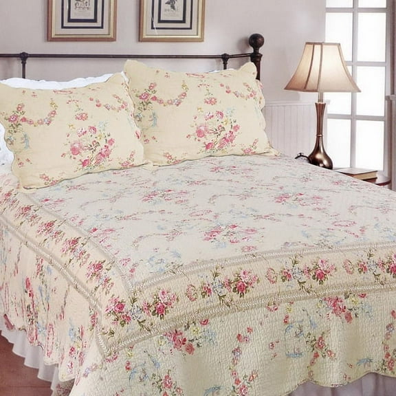 Sweet Princess 100% Cotton 3PC Embroidered Intricate Stitching Quilt Set (Full/Queen Size)