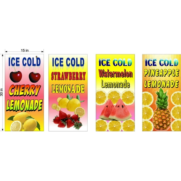 4 PACK 15" X 30" VINYL BANNERS STRAWBERRY WATERMELON PINEAPPLE CHERRY LEMONADE