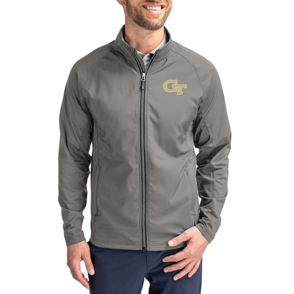 Men's Cutter & Buck Gray Georgia Tech Yellow Jackets Primary Logo Adapt Eco Knit Raglan Full-Zip Jacket