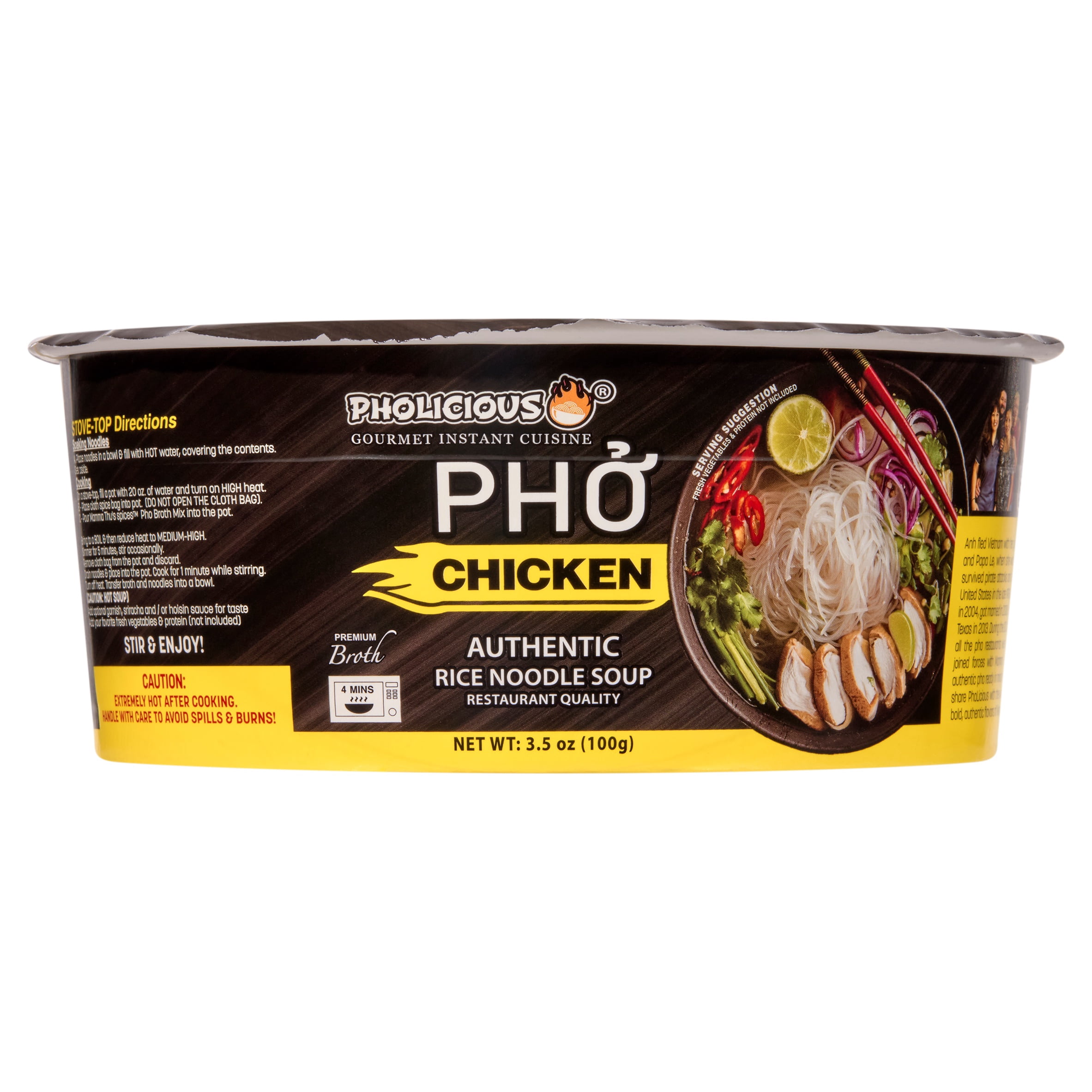 PhoLicious Instant Chicken Pho Bowl, Authentic Vietnamese Rice Noodle Soup, 3.5 oz Single Serve, Restaurant-Quality Chicken Broth, Whole Spices, 4 Minutes, Ramen Alternative, as Seen on Shark Tank