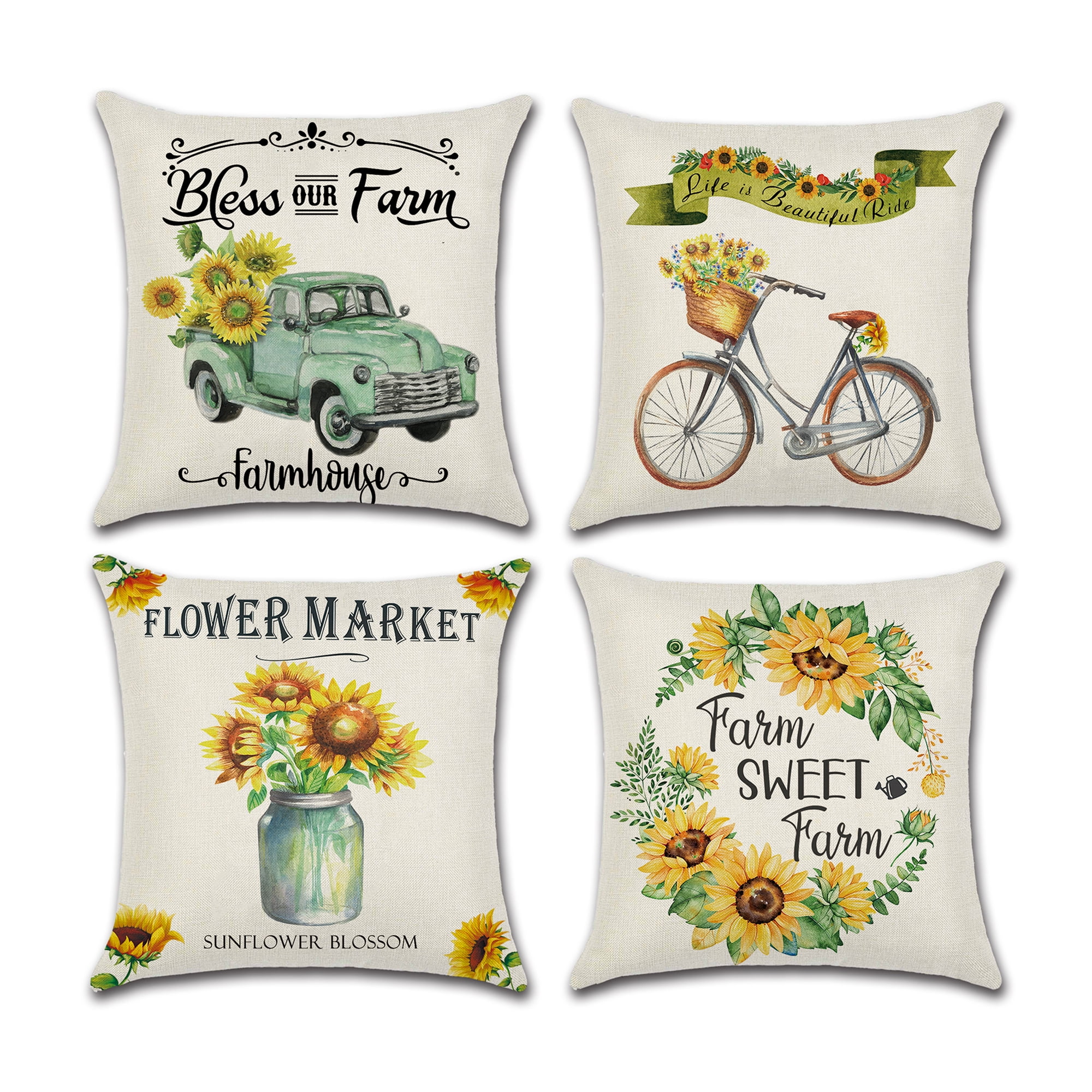 Fukeen Set of 4 Sunflower Throw Pillow Cases Cartoon Bear with Yellow Flower Decorative Pillow Covers Holiday Farmhouse Kid’s Room Decor Cotton Linen Cushion Cover Standard 18x18 Inches 