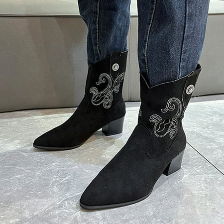 

ZMHEGW Women Boots Autumn Winter Mid Calf Pointed Toe Embroidered Suede Back Zipper Solid Color Comtable Shoes