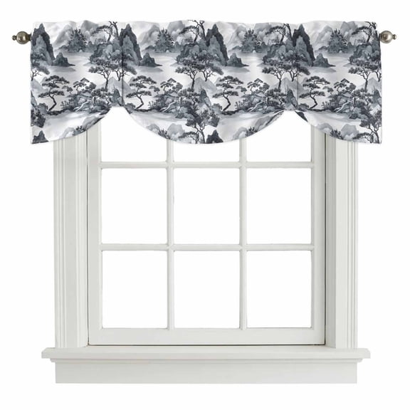 Gray Garden Tie Up Valance Curtains for Windows, Kitchen Curtains Window Treatments, Retro Mountain Tree Forest Landscape Short Window Shades Valances for Bedroom Bathroom Cafe 54"x18"