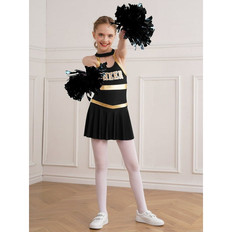 Aislor Kids Girls Cheer Leader Costume Halloween Carnival Cheerleading  Uniform Dance Dress with Pom Poms Size 6-16 Black 10 