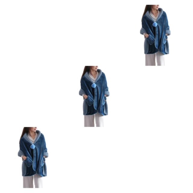 Justharion Soft And Comfortable To Wear Fleece Button Bed Jacket With Pockets Breathable Polyester Poncho Blanket For Women blue 3Set