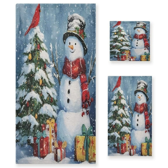3 Piece Bath Towels Set Bath Towel, Hand Towel and Face Towel for Bathroom, Gym, Hotel Christmas Scene with Snowman