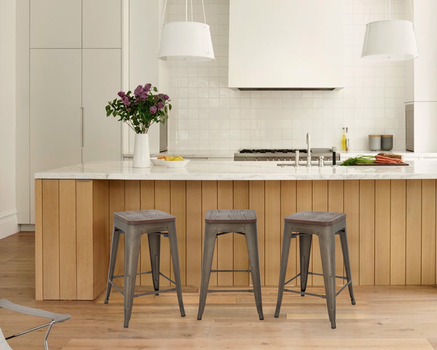 YRLLENSDAN Modern Bar Stool Set of 4 Counter Height Barstool with Back 24 Inches Seat Height Industrial Bar Chairs Indoor Outdoor Metal Kitchen Stools Restaurant Patio Stool Stackable, Bronze