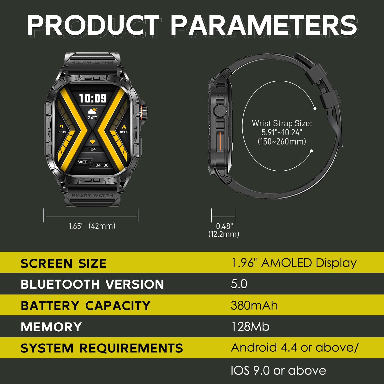 EIGIIS Military Smart Watch for Men Answer Make Calls Message Notification 1.96" AMOLED Full Touch Smartwatch Fitness Tracker Watch Sleep Monitor Step Counter Sports Watch for iPhone Android