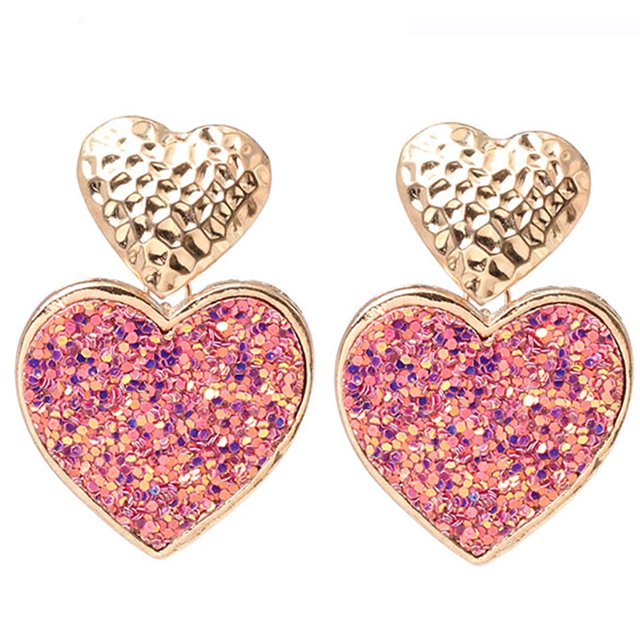 Pendientes elegantes de cuero para mujer con lentejuelas en forma de corazón de color rosa
