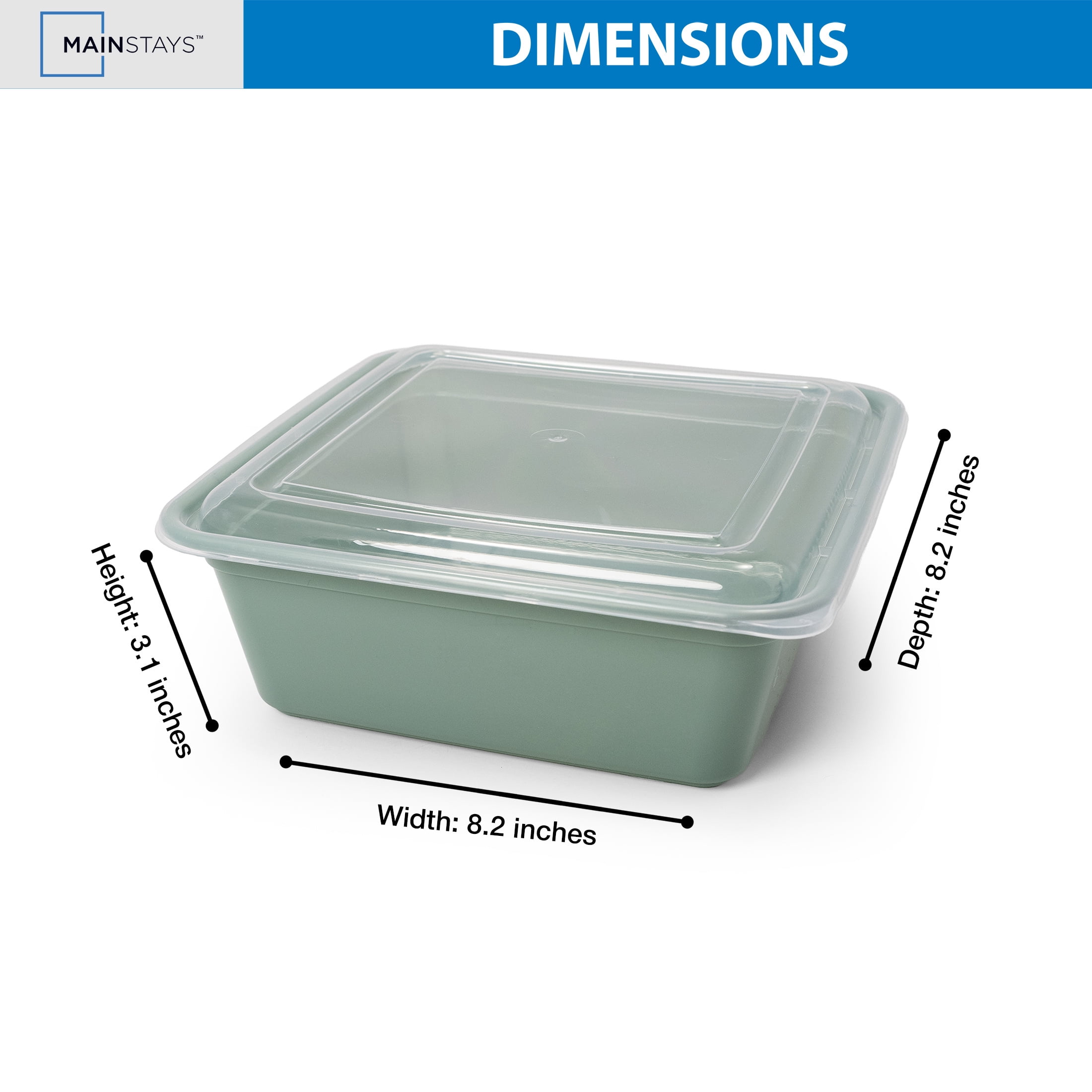 Mainstays 5-Pack Tall Square BPA-Free Plastic Meal Prep Food Storage Containers, 1.9L, Green Sage