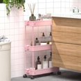 thumbnail image 2 of LLMRR 3 Tier Slim Rolling Cart, Rolling Storage Cart with Lockable Wheels, Bathroom Storage Cart, Mobile Shelving Unit Cart, Storage Organizer for Kitchen Bathroom, Pink, 2 of 7