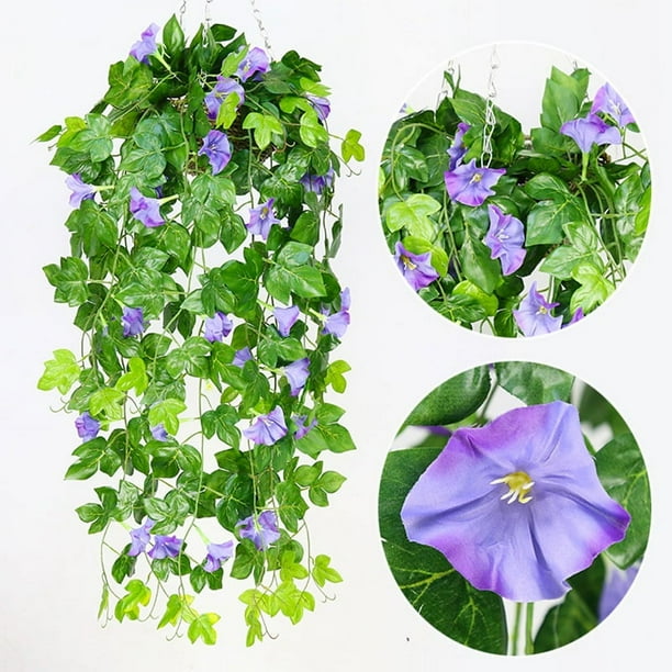Nvzi Vid artificial, 2 unidades, flor de trompeta de gloria de la mañana artificial, planta verde falsa, valla de pared para jardín, decoración para exteriores, cestas colgantes para boda (morado)