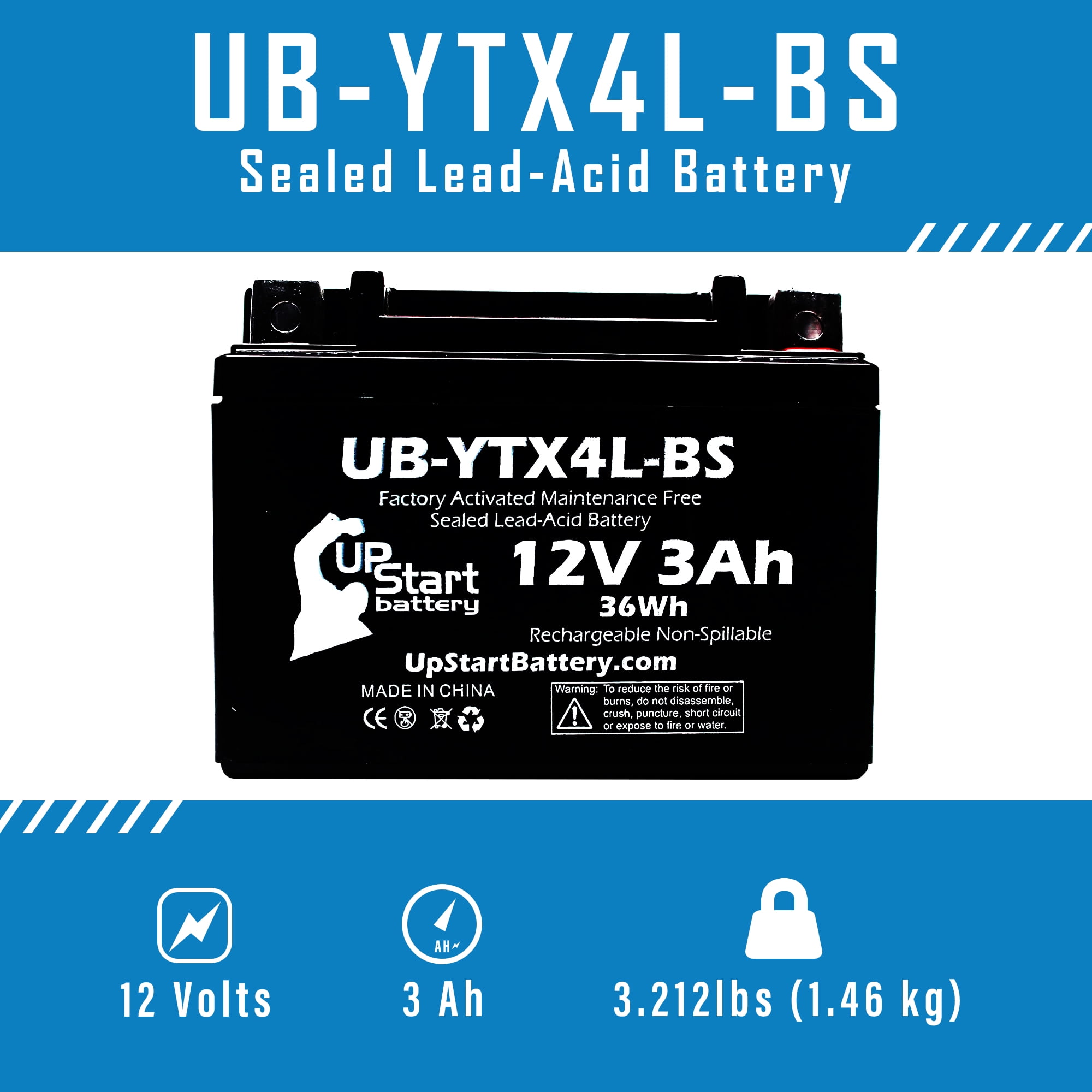 UpStart Battery Replacement 1992 Suzuki DR350S 350CC Factory Activated, Maintenance Free, Motorcycle Battery - 12V, 3Ah, UB-YTX4L-BS