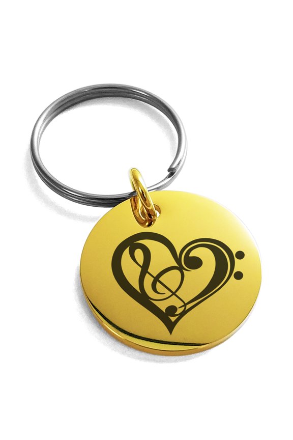 Stainless Steel Treble Bass Clef Heart Engraved Small Medallion Circle Charm Keychain Keyring