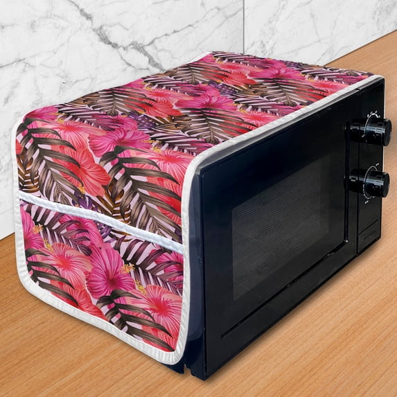 Botanical Microwave Oven Cover, Exotic Orchids and Leaves Illustration Colorful Summer Botany Arrangement, Water Resistant Organizer with Pockets for Kitchen, 36" x 12", Taupe Raspberry, by Ambesonne