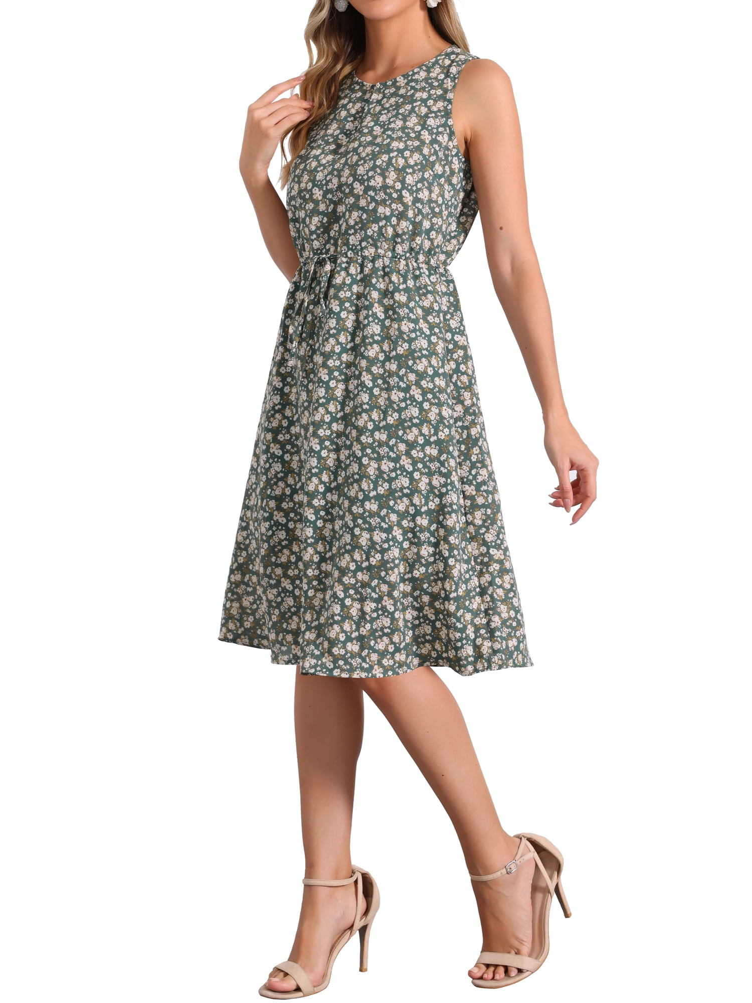 DARING DIVA Floral Sleeveless Drawstring Waist A-Line Dress XS Dark Green