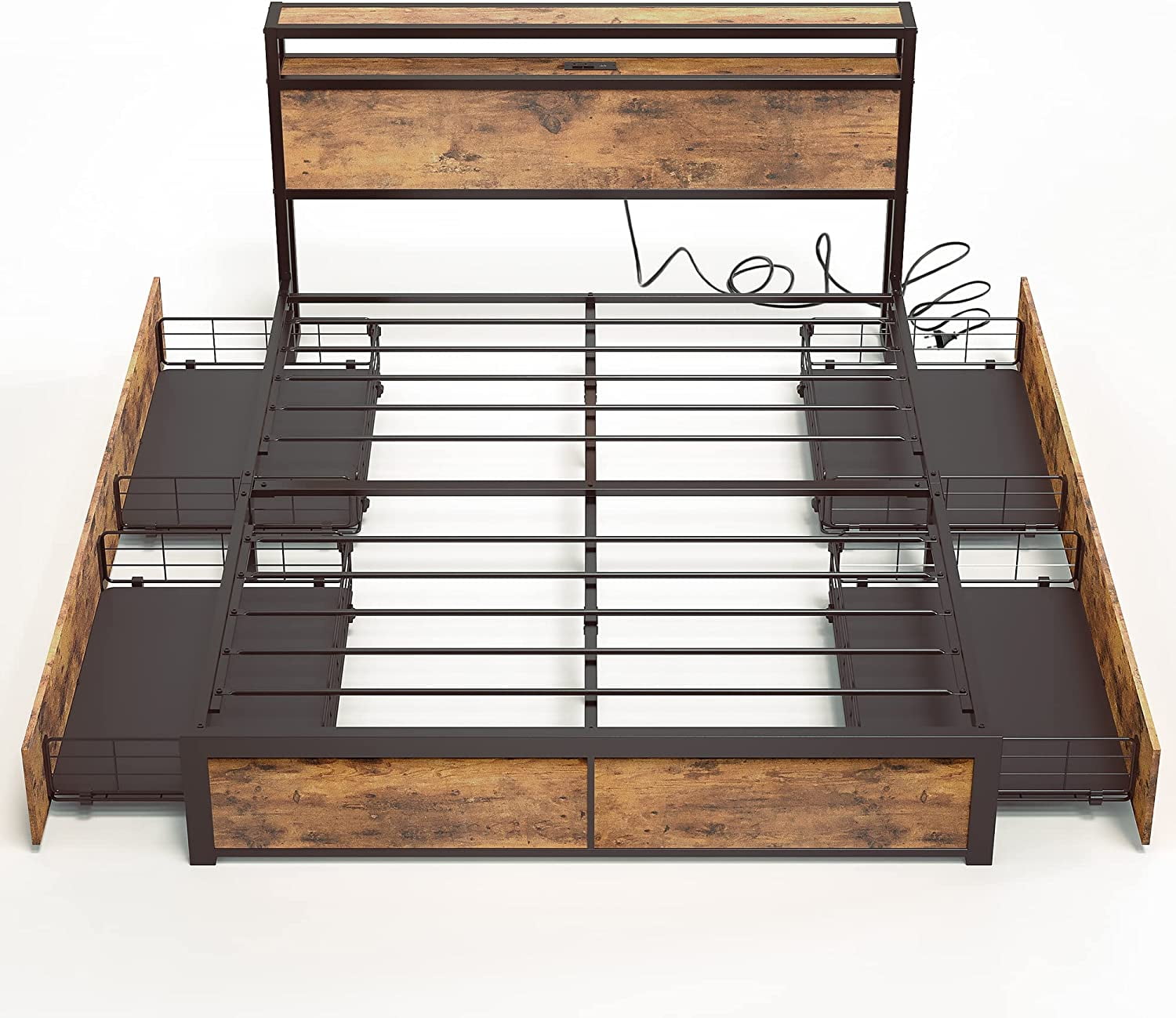 LIKIMIO Full Size Bed Frame with Storage, Charging Station/Metal