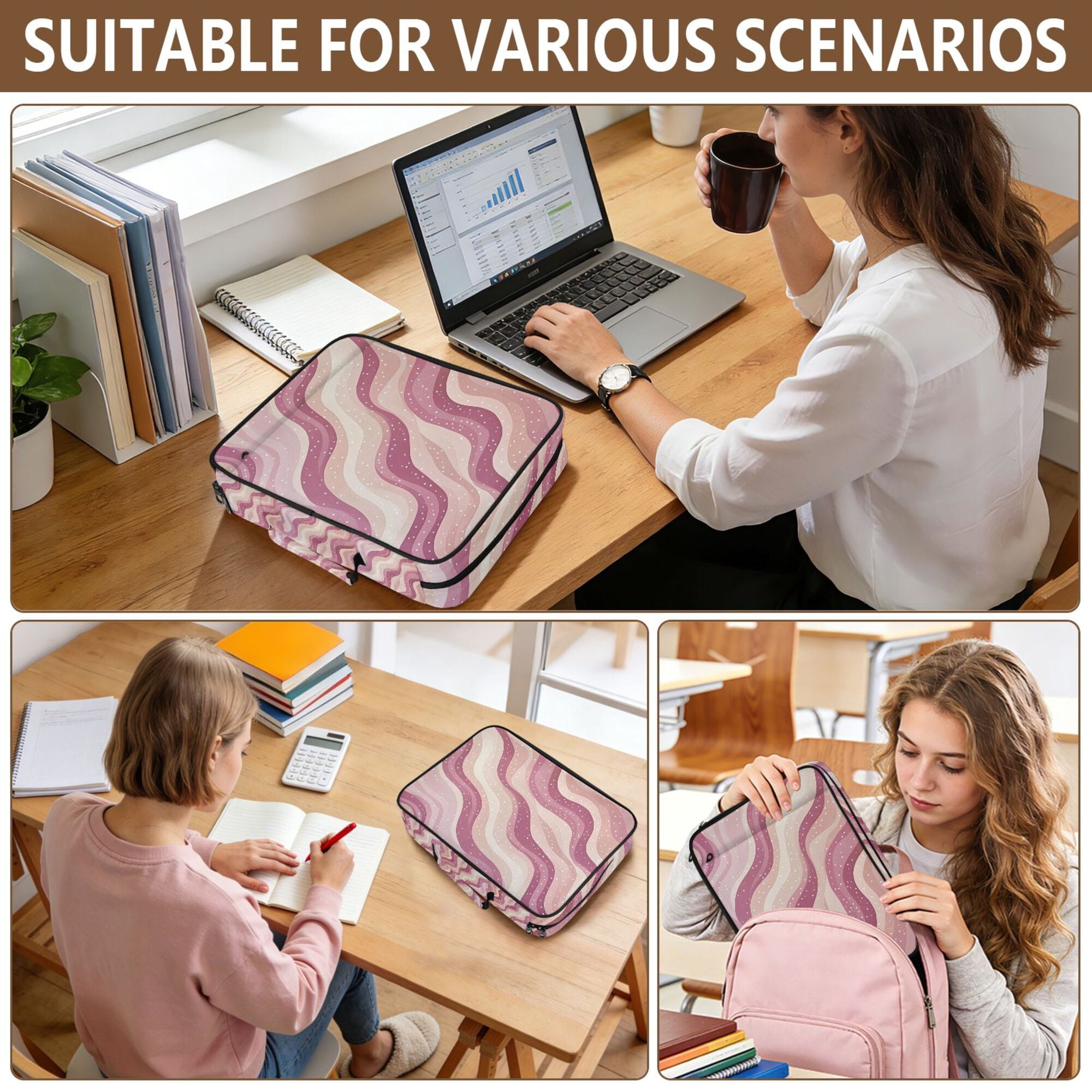 FORMRS Accordion File Folder A4 Size 7-Pocket Expanding Document Organizer Bag with 3 Ring Binder, Pink Brown Pattern