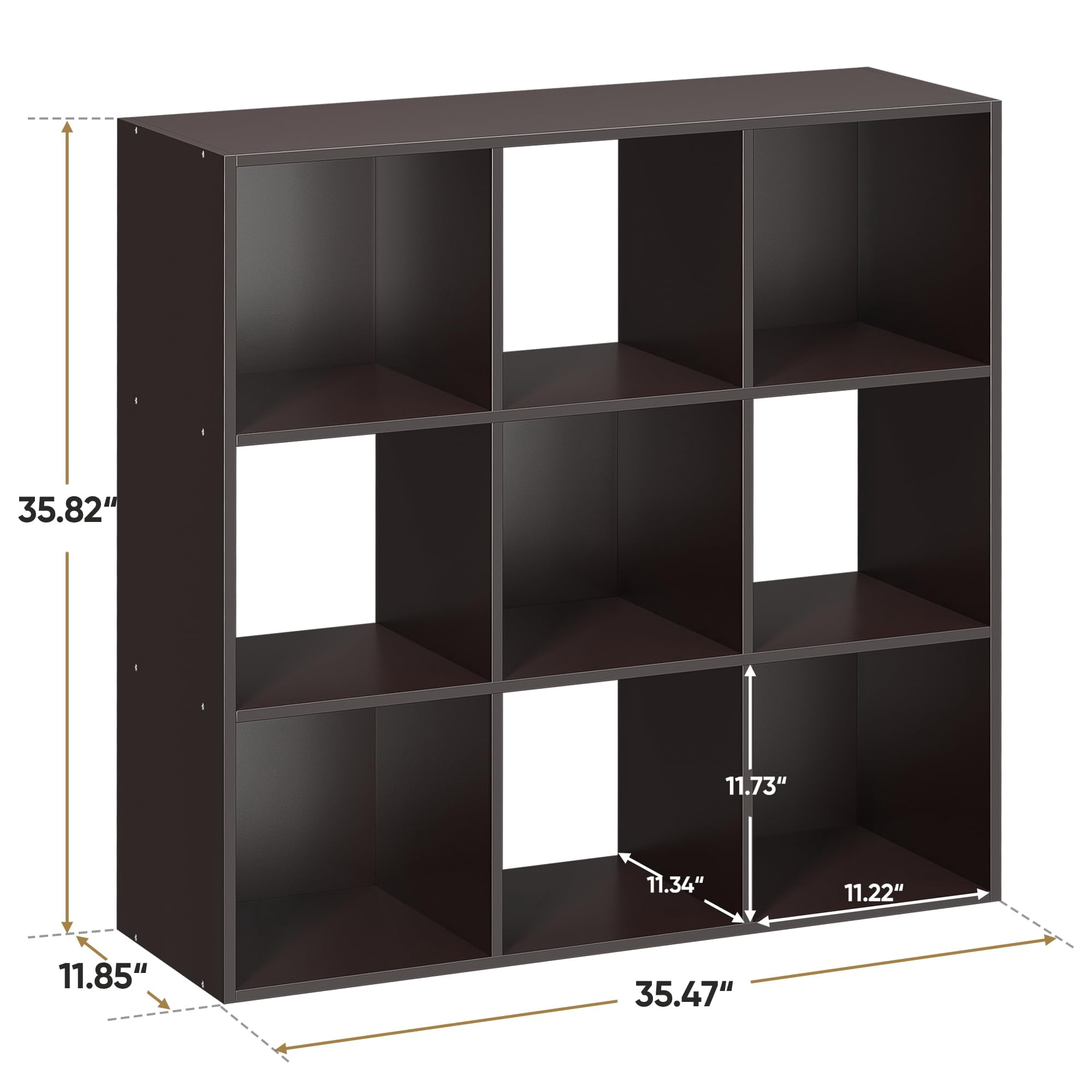 3 Tier 9 Cube Modular Bookshelf, Wood Storage Rack with 5 Detachable Back Panels for Organizing Home Office Living Room Items, Dark Brown