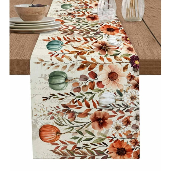 Table Runner 120 Inches Long for Kitchen Dining, Orange Teal Fall Pumpkins Dresser Scarf Farmhouse, Dining Table Decorations for Wedding/Parties, Weeping Botanical Thanksgiving 13 x 120 In