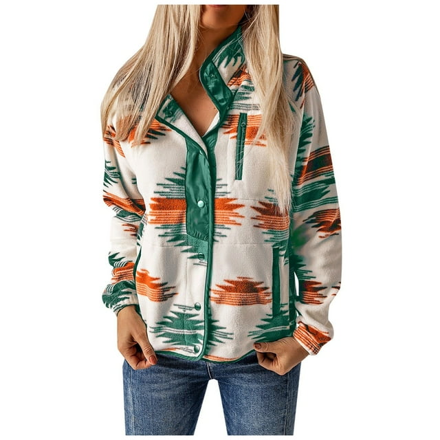 Womens Fleece Jacket Western Aztec Print Long Sleeve Snap Button Down Shacket Jackets with Pockets(Green,M)