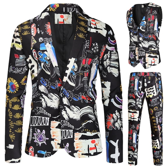Men Blazer Slim Fit Rainbow Print Suit Jacket Vest and Suit Pants Evening Party Dinner Formal Wear 3 Pcs Set