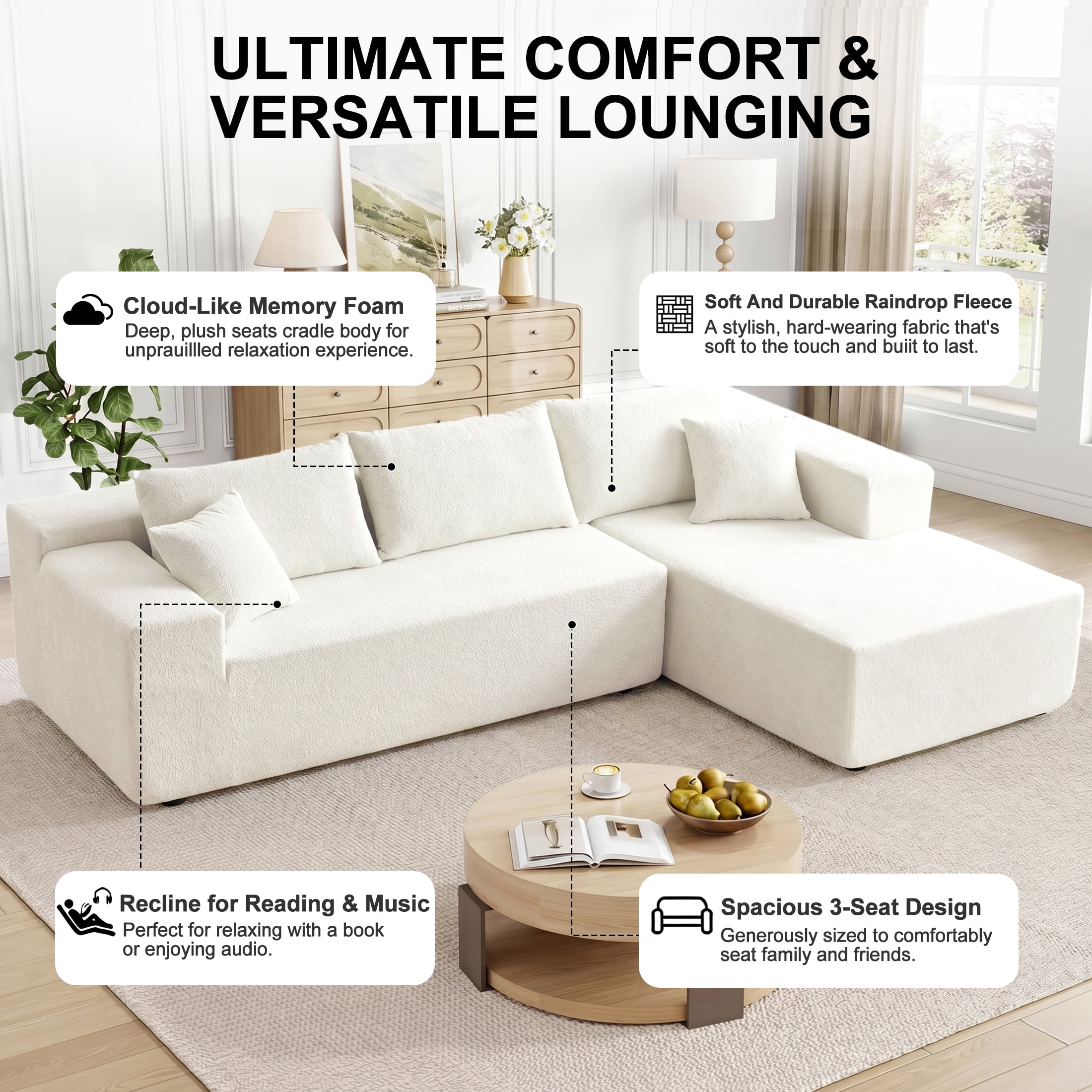 Xiweot 103" Boneless Sectional Sofa for Living Room, Memory Foam Cloud Modular Sectional Couch with Deep Seat, No Assembly Velvet L Shaped Sofa with Right Facing Chaise, Beige