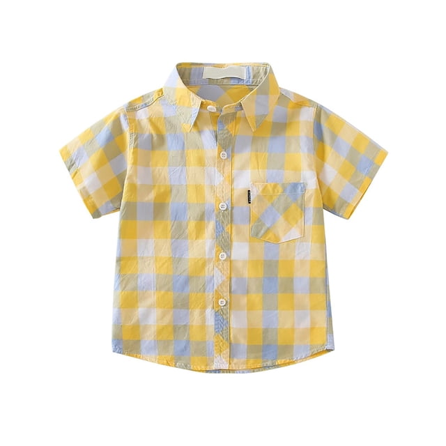 DXOUPM Girls Short Sleeved Shirt Versatile Lapel Button Down Plaid Tops Kids Trendy Clothes