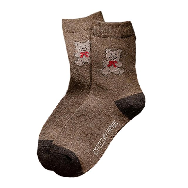 Mujeres Otoño Invierno Calcetines de punto de lana sintética Patrón de geometría de ganchillo étnico Dibujos animados Oso pequeño Jacquard Espesar Calcetería de tubo medio cálido