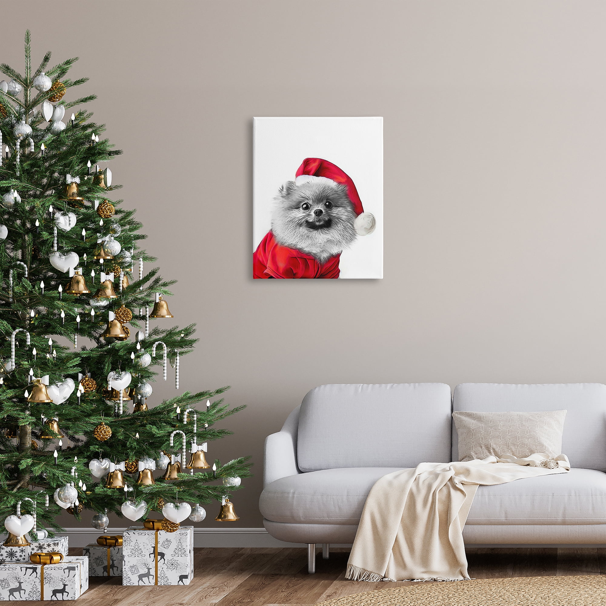 Stupell Industries Pomeranian in Santa Hat Holiday Painting Gallery Wrapped Canvas Art Print Wall Art, 24 x 30