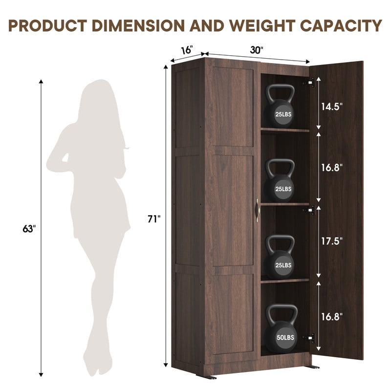 Gianna 71 inch Wooden Storage Cabinet, Freestanding Cupboard, 4-Tier Home Organizer for Kitchen, Living Room, Bedroom，Brown