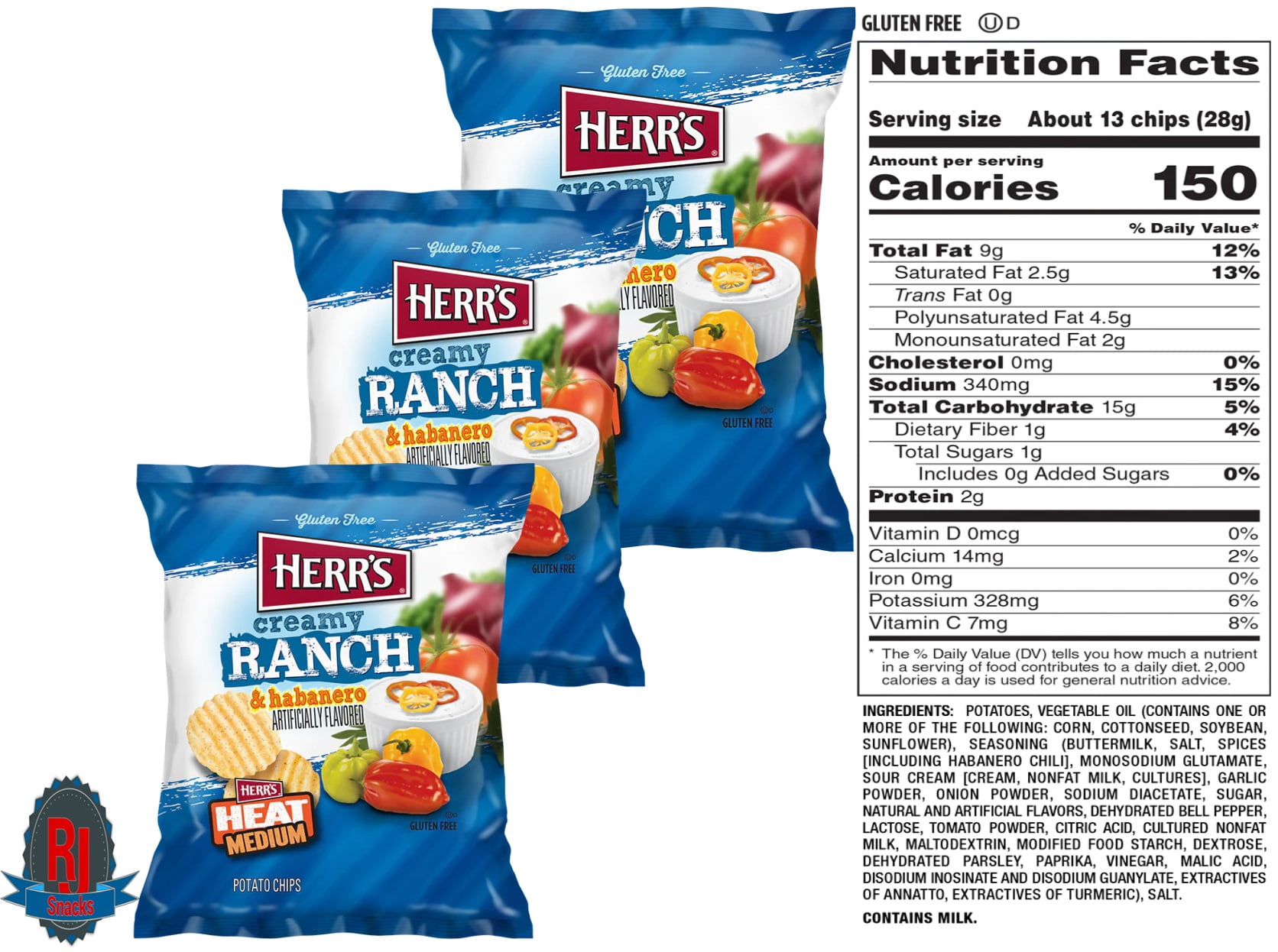 Herr`s Creamy Ranch Habanero Potato Chips 1 oz Pack of 42 (Curated by RJ Snacks)