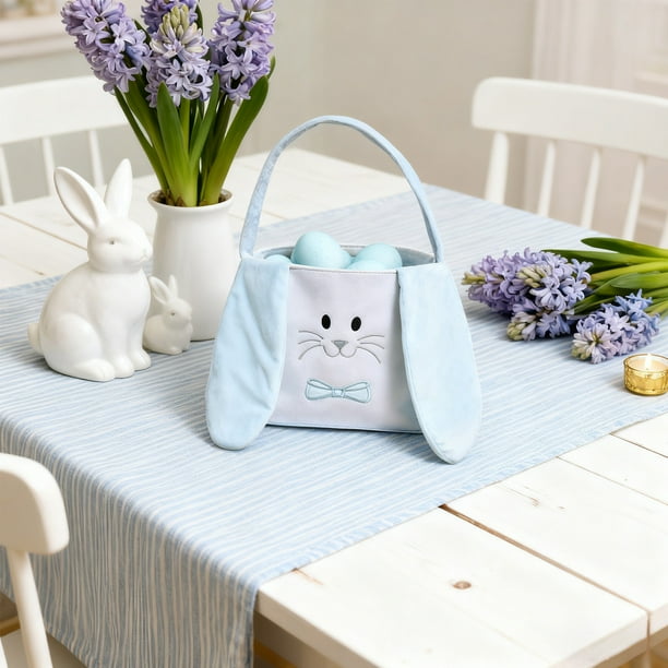 Cesta de orejas de conejo de Pascua • Tela de terciopelo • Azul rosa | Almacenamiento de decoración en forma de huevo de conejo | Tote Resistente Ligera de 22x13x20cm | Tacto suave, mango reforzado