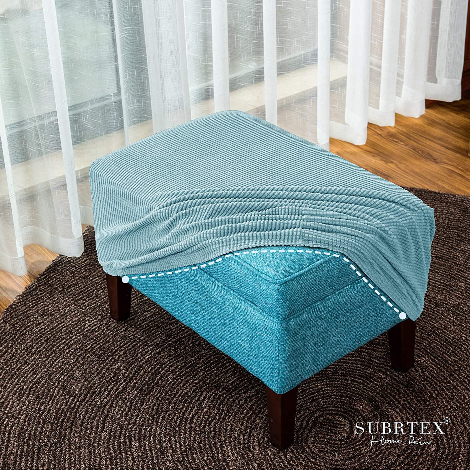 Subrtex Stretch Textured Grid Oversized Ottoman Slipcover, Steel Blue