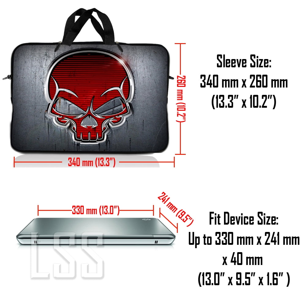 LSS 13.3 inch Laptop Sleeve Bag Compatible with Acer, Dell, HP, Sony, MacBook, Carrying Case w/ Handle & Adjustable Strap - Silver Red Skull