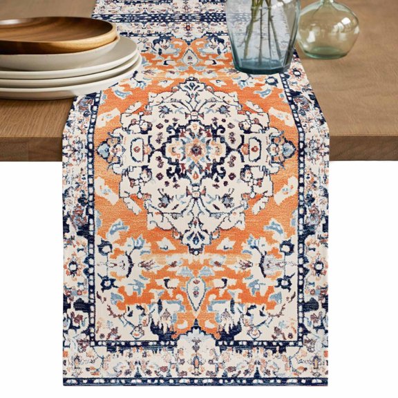 Orange Boho Table Runner 120 Inches Long, Vintage Ethnic Tribe Abstract Art Cotton Linen Table Runners Dresser Scarves, Decorative Fabric Tabletop Scarf Furniture Cover for Home Dinner Party 13"x120"