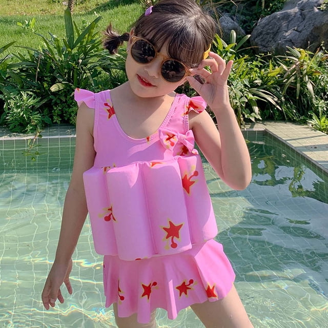Augper Toddler Baby Girls Float Cute Sleeveless One-piece Swimwear+Swimming Cap Buoyancy Swimsuit Suit