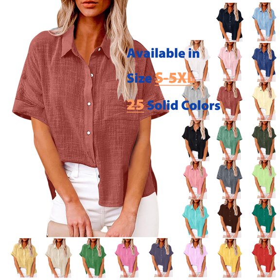 Vmvidoty Womens Button Down Shirts Cotton Linen Short Sleeve Blouses 2026 Summer V Neck Basic Casual Tops for Women Orange S
