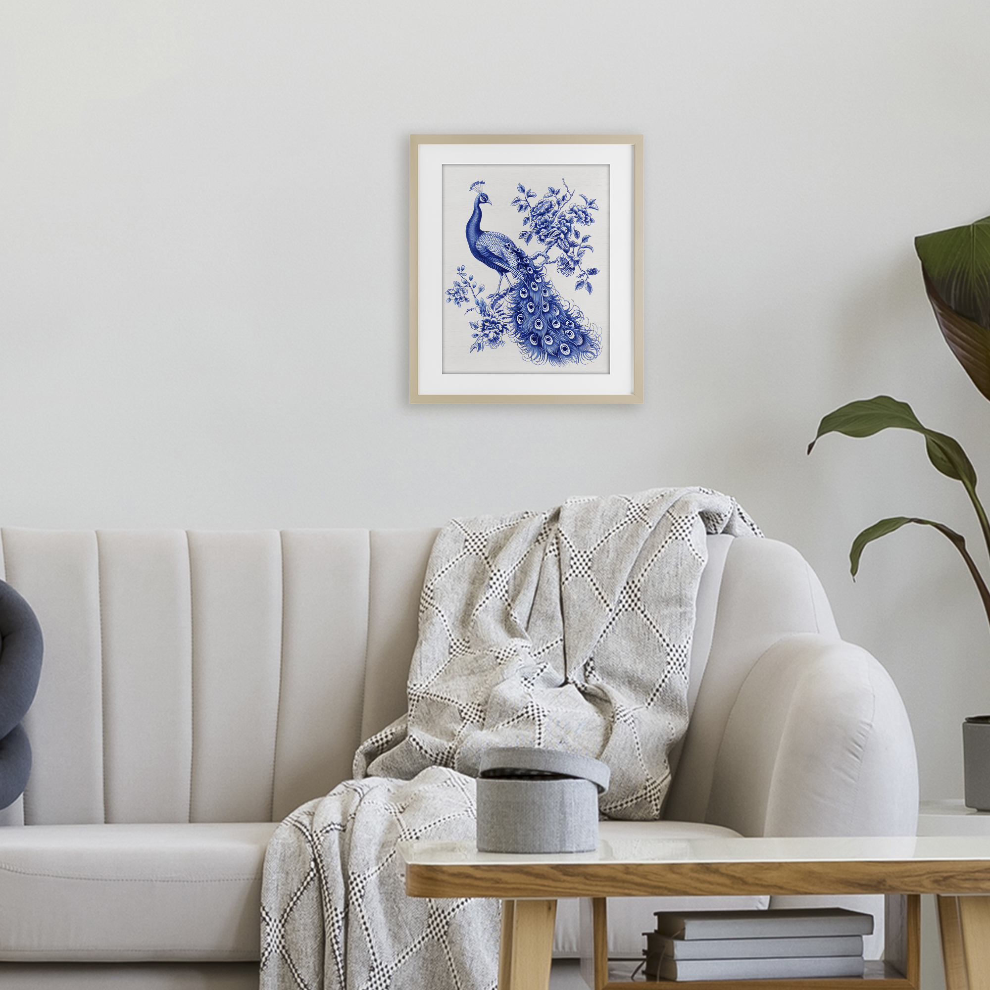 Vintage Peacock in Toile Style Birch Framed Print Under Glass, design by Lettered and Lined